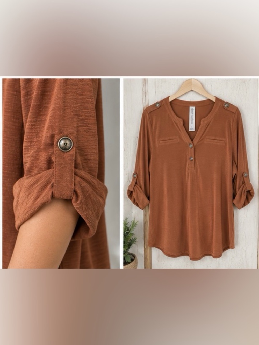 Button-Front Rust Long Sleeve Henley Tunic Top V-Neck NWT - Picture 5 of 10